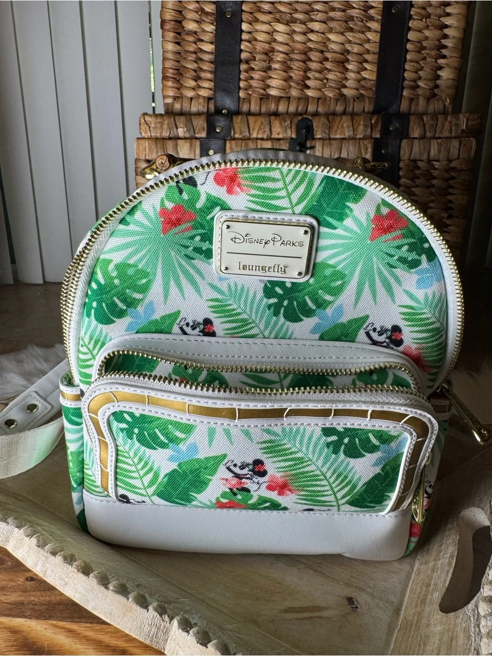 Disney White & Green Tropical Mickey Mini Backpack with Bamboo Handle
